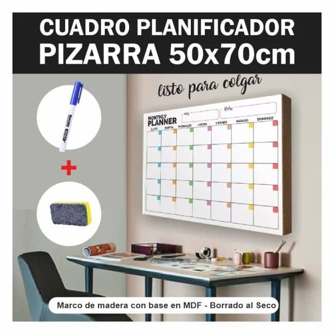 Planificador Pizarra Mensual con marco de madera 70x50cm