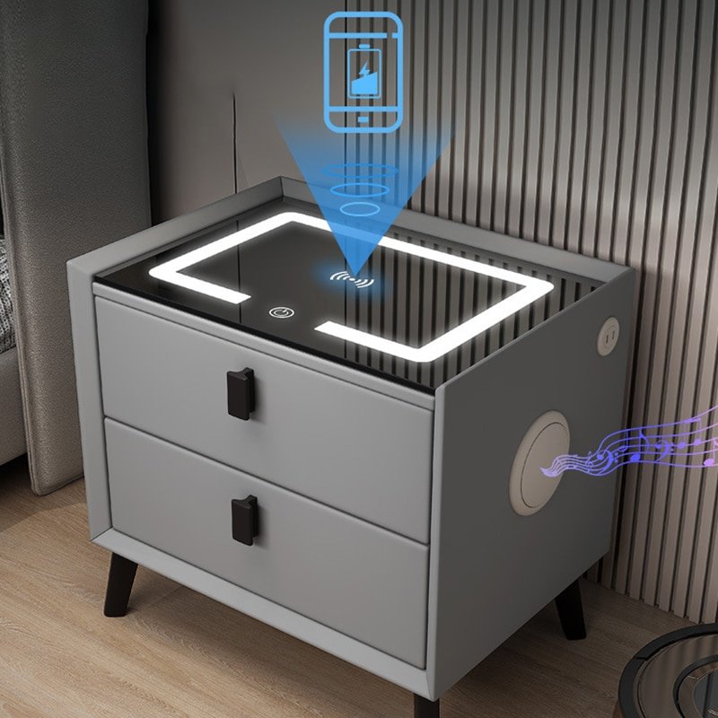 Mesa Smart Multifunción 4en1, viene con Luz Led, Base para Carga inalámbrica móvil, Altavoz Bluetooh y reconocimiento de huella digital.